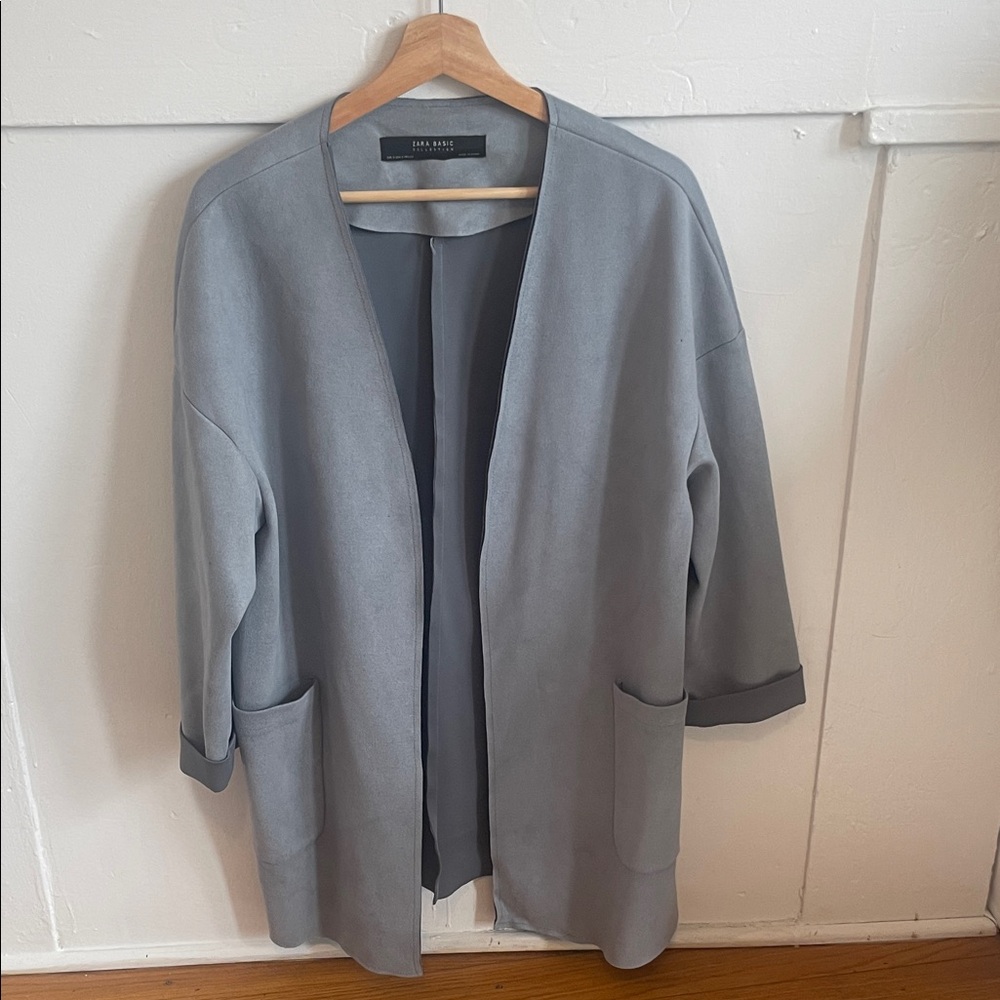 Zara Faux Micro Suede Long Open Front Jacket in light blue